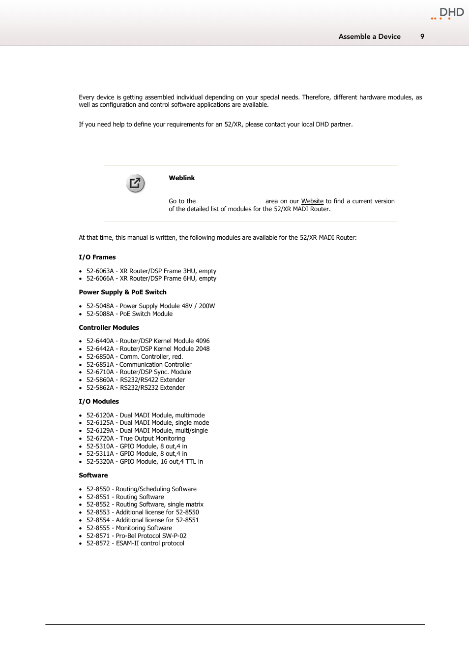 Assemble a device, List of modules, 1 list of modules | 5assemble a device | DHD Power Cruiser MADI 52/XR User Manual | Page 12 / 60