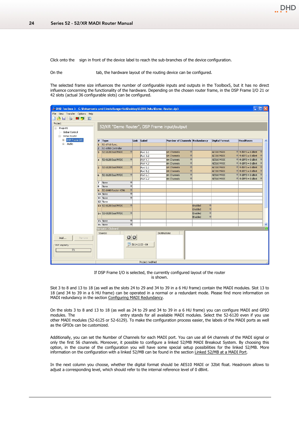 Dsp frame i/o configuration, 2 dsp frame i/o configuration | DHD Power Cruiser MADI 52/XR User Manual | Page 27 / 60