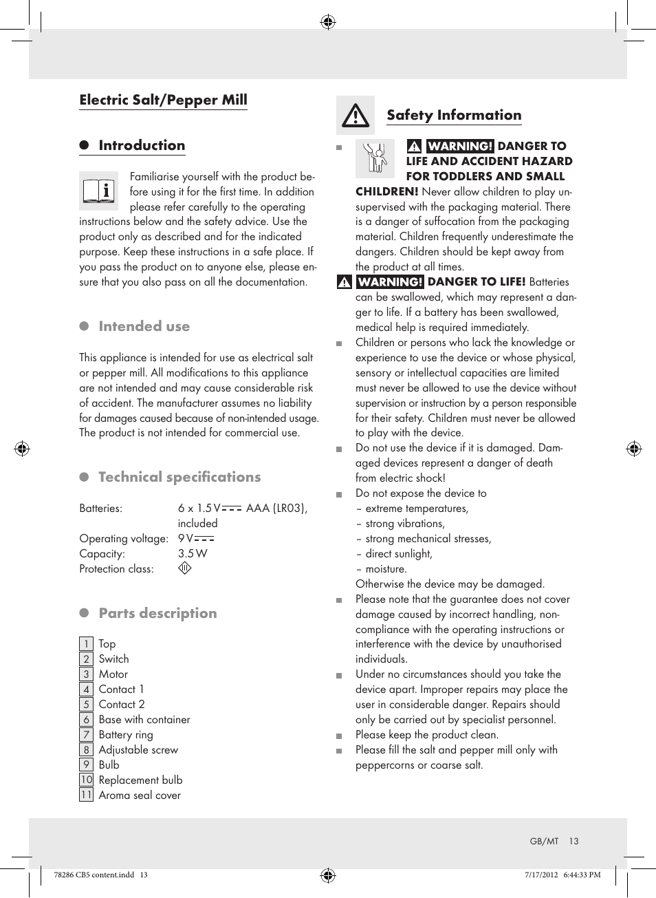Electric salt/pepper mill, Introduction, Intended use | Technical specifications, Parts description, Safety information | Silvercrest Z30987 User Manual | Page 13 / 20