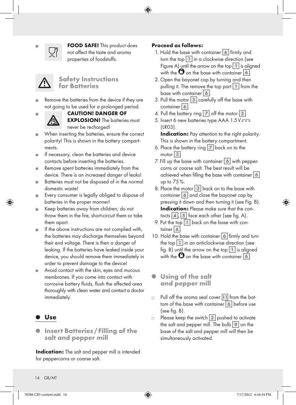 Safety instructions for batteries, Using of the salt and pepper mill | Silvercrest Z30987 User Manual | Page 14 / 20