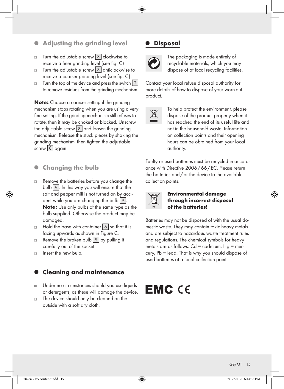 Adjusting the grinding level, Changing the bulb, Cleaning and maintenance | Disposal | Silvercrest Z30987 User Manual | Page 15 / 20