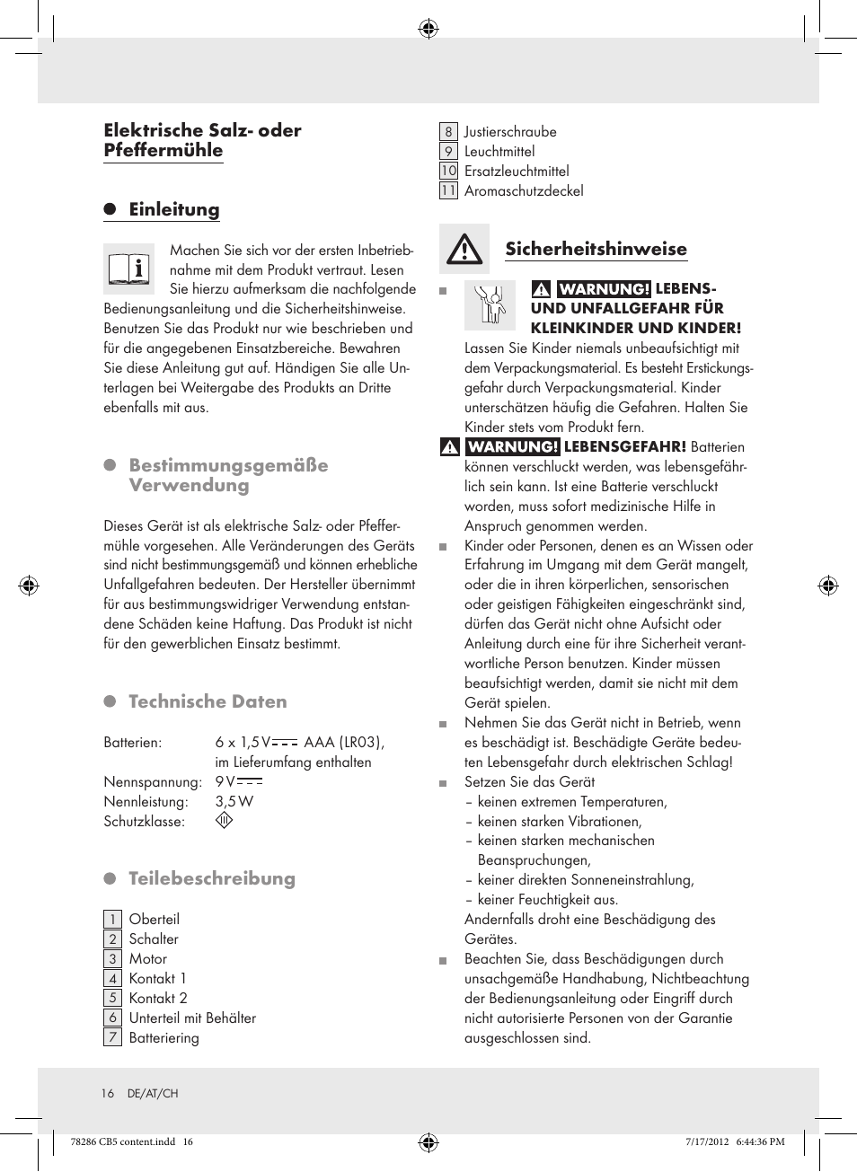 Elektrische salz- oder pfeffermühle, Einleitung, Bestimmungsgemäße verwendung | Technische daten, Teilebeschreibung, Sicherheitshinweise | Silvercrest Z30987 User Manual | Page 16 / 20