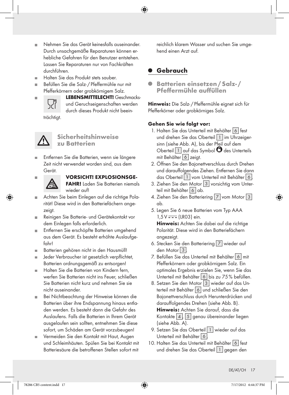 Sicherheitshinweise zu batterien, Gebrauch | Silvercrest Z30987 User Manual | Page 17 / 20