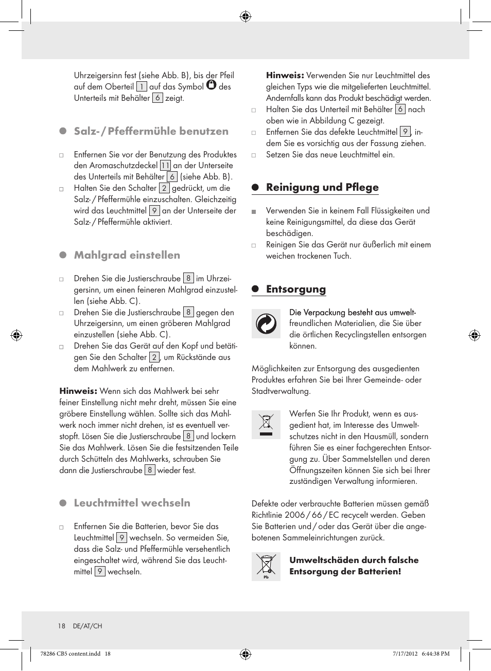 Salz- / pfeffermühle benutzen, Mahlgrad einstellen, Leuchtmittel wechseln | Reinigung und pflege, Entsorgung | Silvercrest Z30987 User Manual | Page 18 / 20