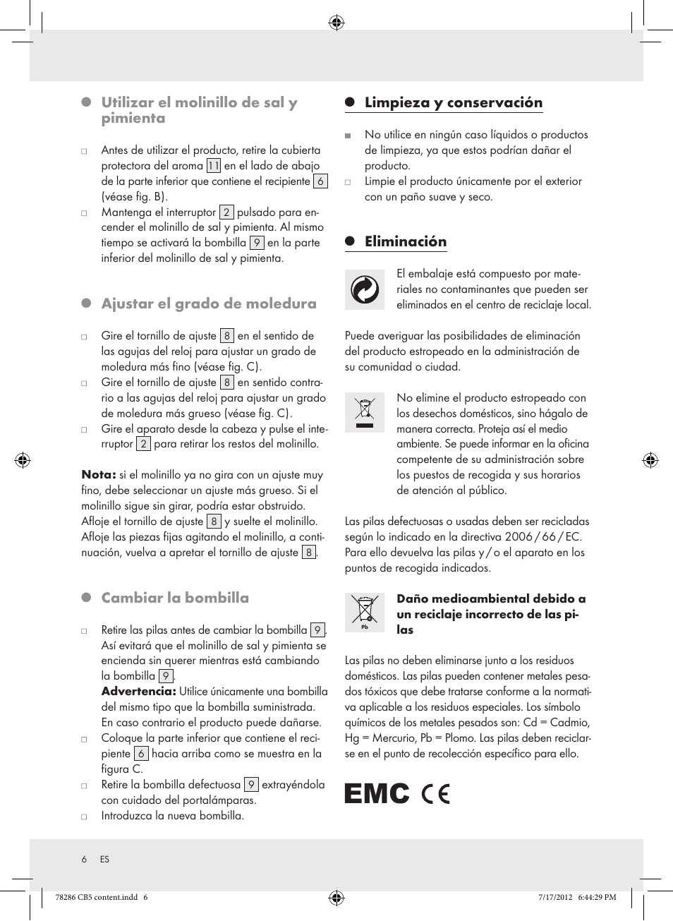 Utilizar el molinillo de sal y pimienta, Ajustar el grado de moledura, Cambiar la bombilla | Limpieza y conservación, Eliminación | Silvercrest Z30987 User Manual | Page 6 / 20