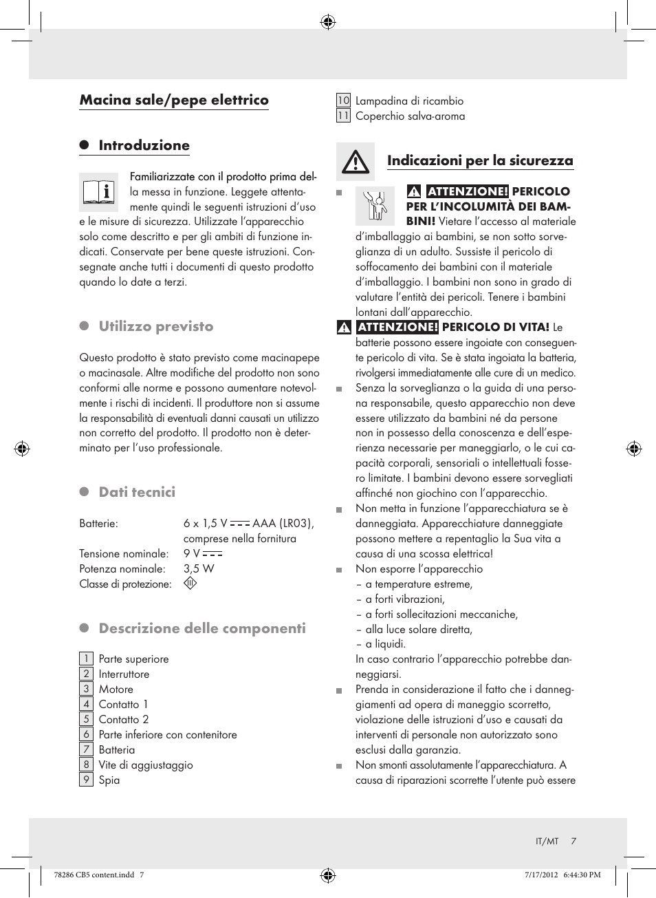 Macina sale/pepe elettrico, Introduzione, Utilizzo previsto | Dati tecnici, Descrizione delle componenti, Indicazioni per la sicurezza | Silvercrest Z30987 User Manual | Page 7 / 20