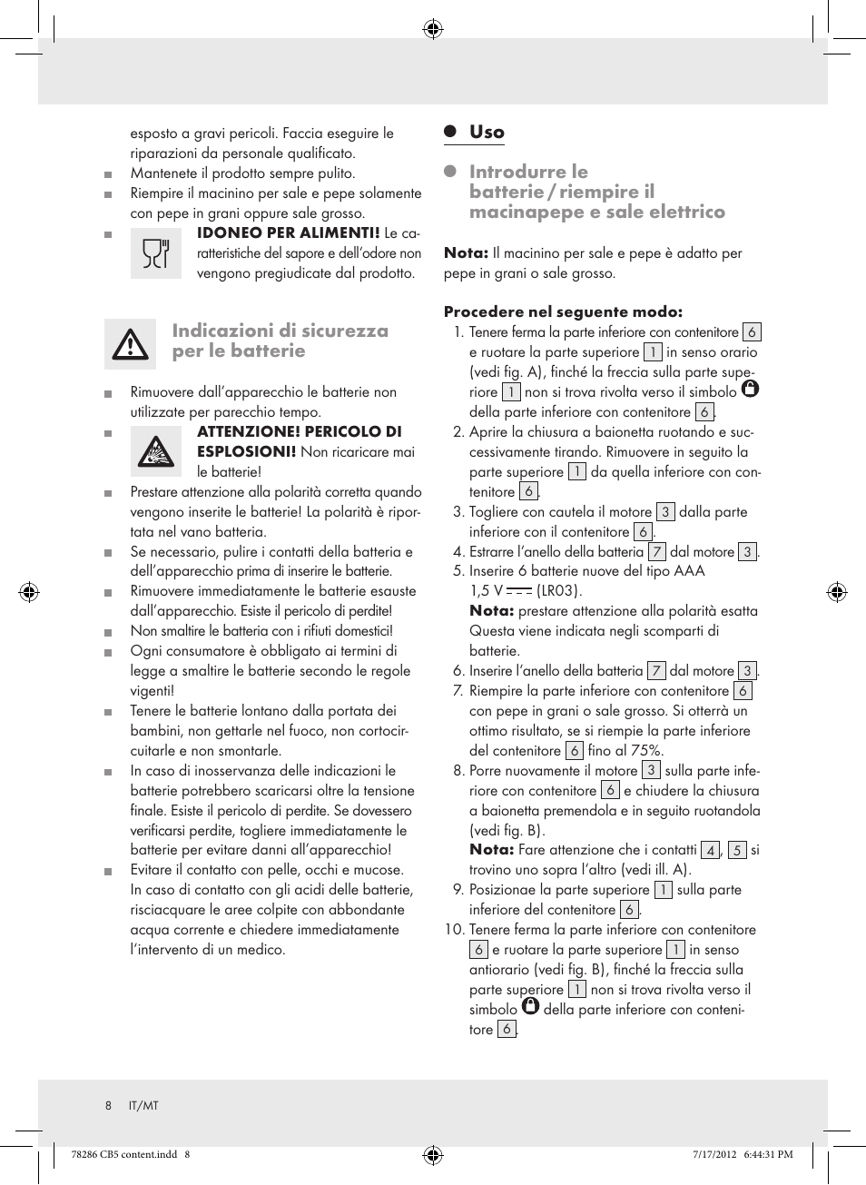 Indicazioni di sicurezza per le batterie | Silvercrest Z30987 User Manual | Page 8 / 20