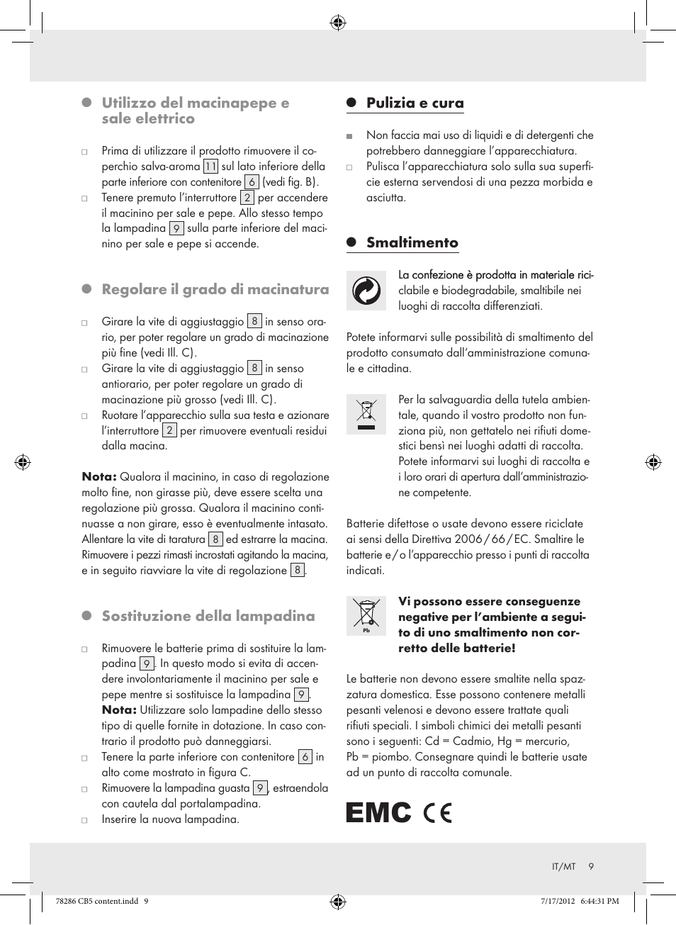 Utilizzo del macinapepe e sale elettrico, Regolare il grado di macinatura, Sostituzione della lampadina | Pulizia e cura, Smaltimento | Silvercrest Z30987 User Manual | Page 9 / 20