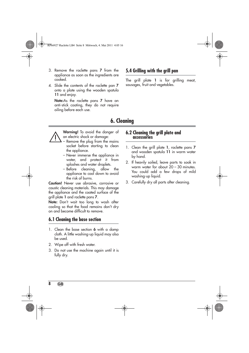 Cleaning, 4 grilling with the grill pan, 2 cleaning the grill plate and accessories | Silvercrest SRG1200A1 User Manual | Page 10 / 70