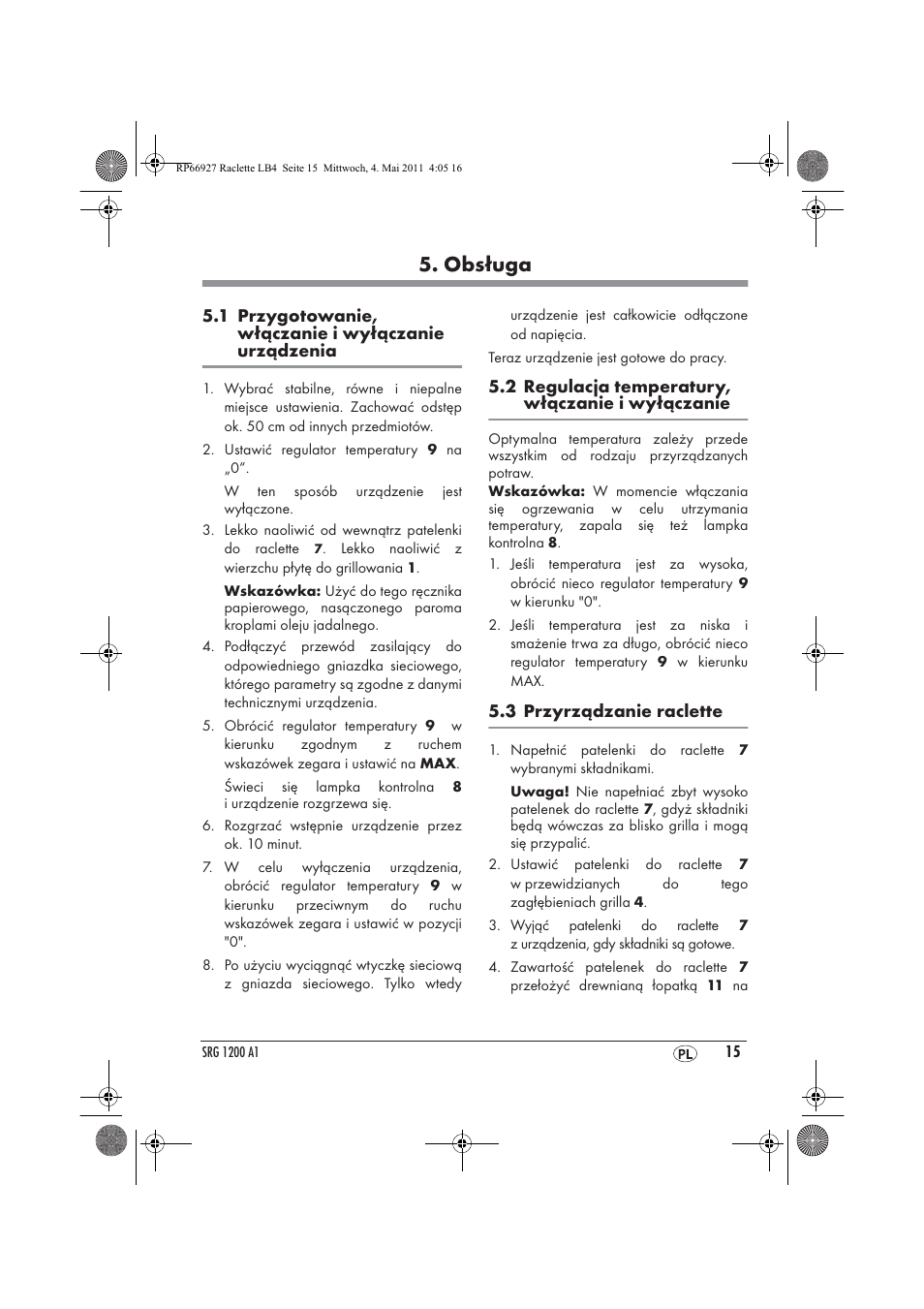 Obsługa | Silvercrest SRG1200A1 User Manual | Page 17 / 70