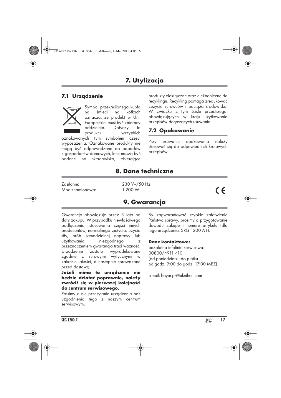 Utylizacja, Dane techniczne, Gwarancja | Silvercrest SRG1200A1 User Manual | Page 19 / 70