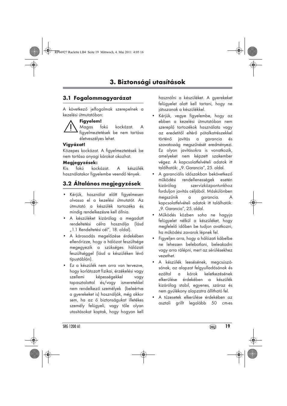 Biztonsági utasítások | Silvercrest SRG1200A1 User Manual | Page 21 / 70