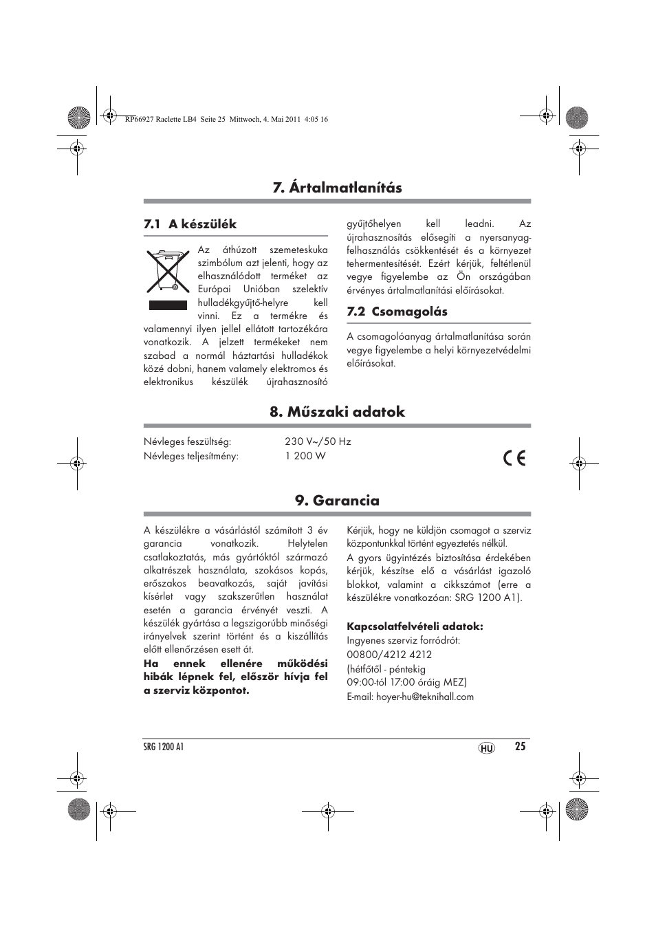 Ártalmatlanítás, Műszaki adatok, Garancia | Silvercrest SRG1200A1 User Manual | Page 27 / 70