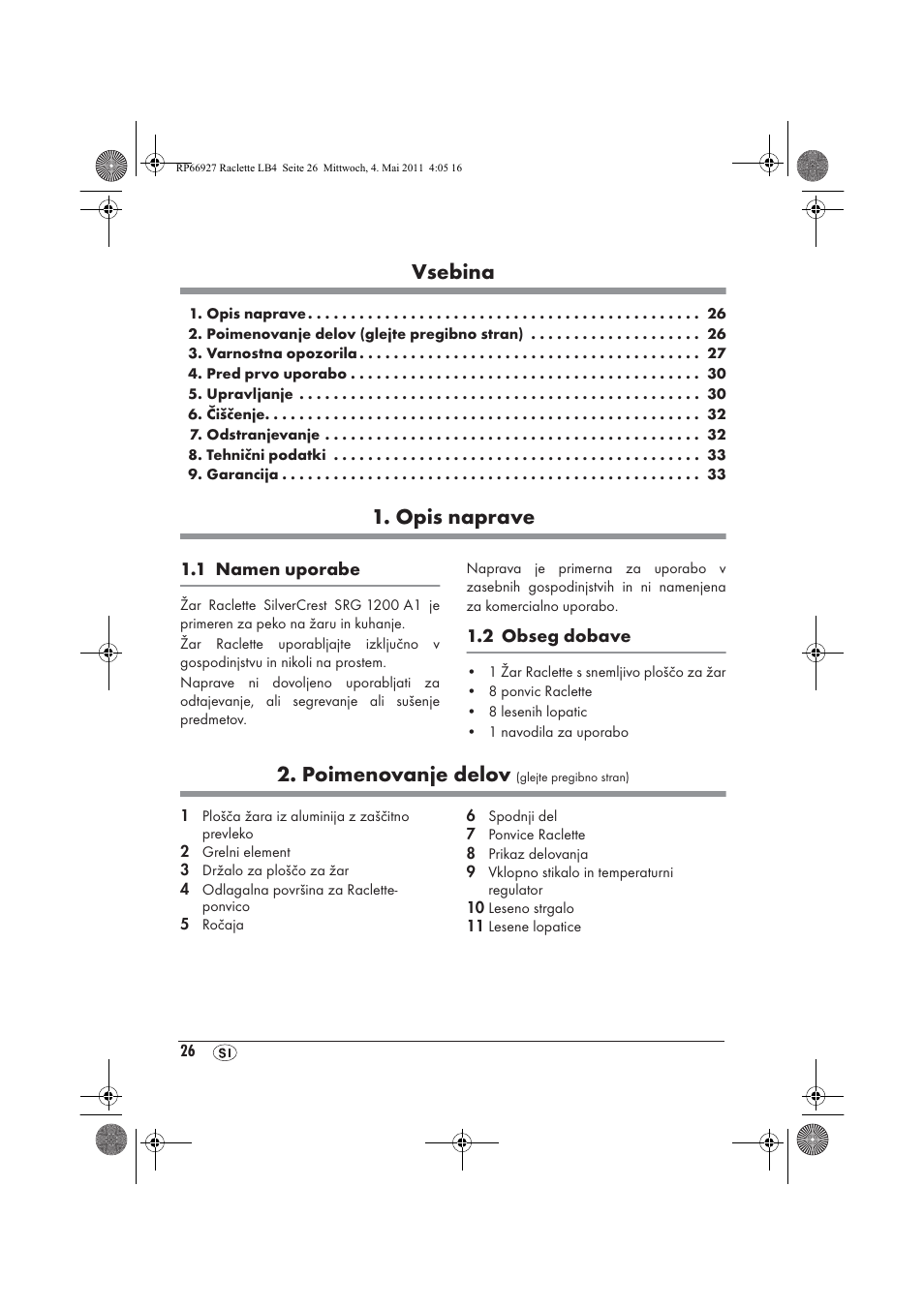 Vsebina, Opis naprave, Poimenovanje delov | Silvercrest SRG1200A1 User Manual | Page 28 / 70