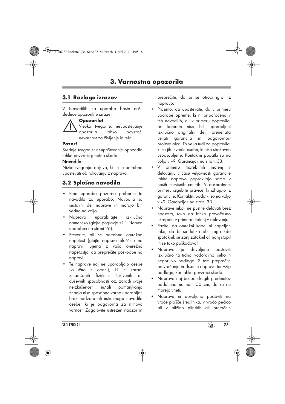 Varnostna opozorila | Silvercrest SRG1200A1 User Manual | Page 29 / 70