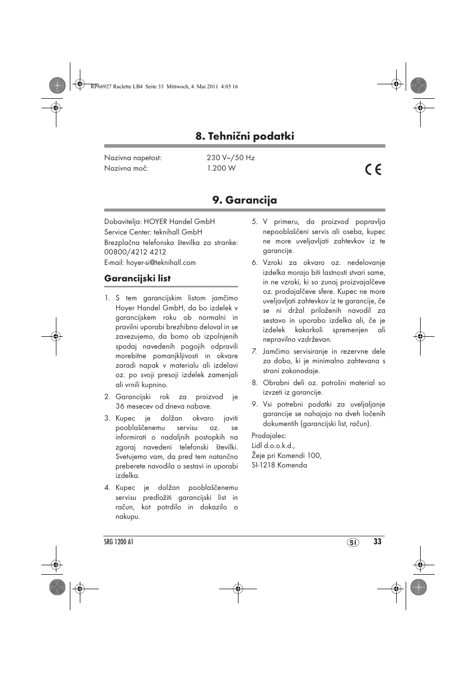 Tehnični podatki, Garancija | Silvercrest SRG1200A1 User Manual | Page 35 / 70