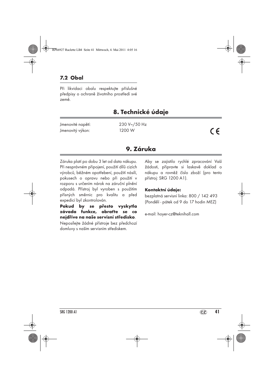 Technické údaje, Záruka | Silvercrest SRG1200A1 User Manual | Page 43 / 70