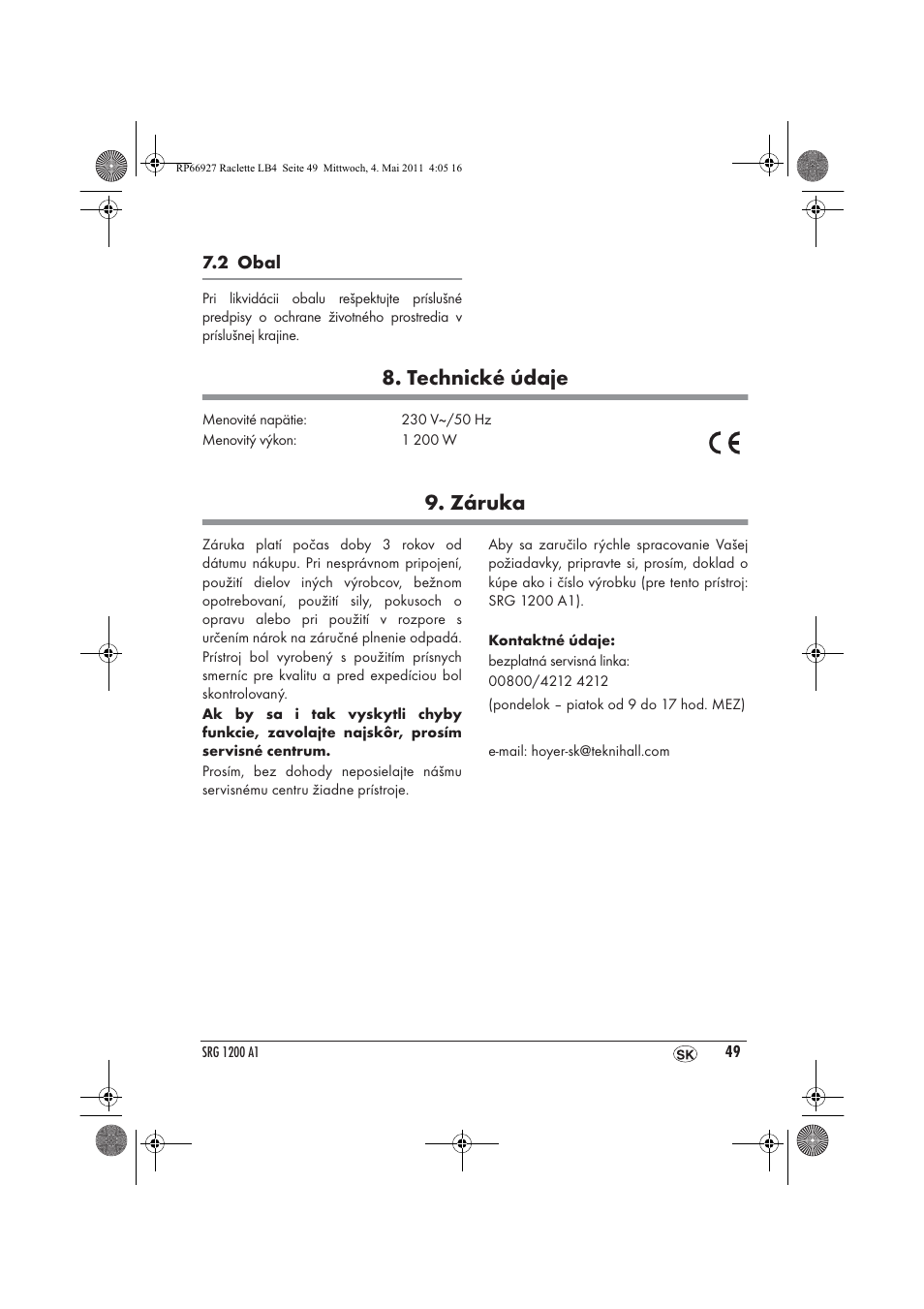 Technické údaje, Záruka | Silvercrest SRG1200A1 User Manual | Page 51 / 70