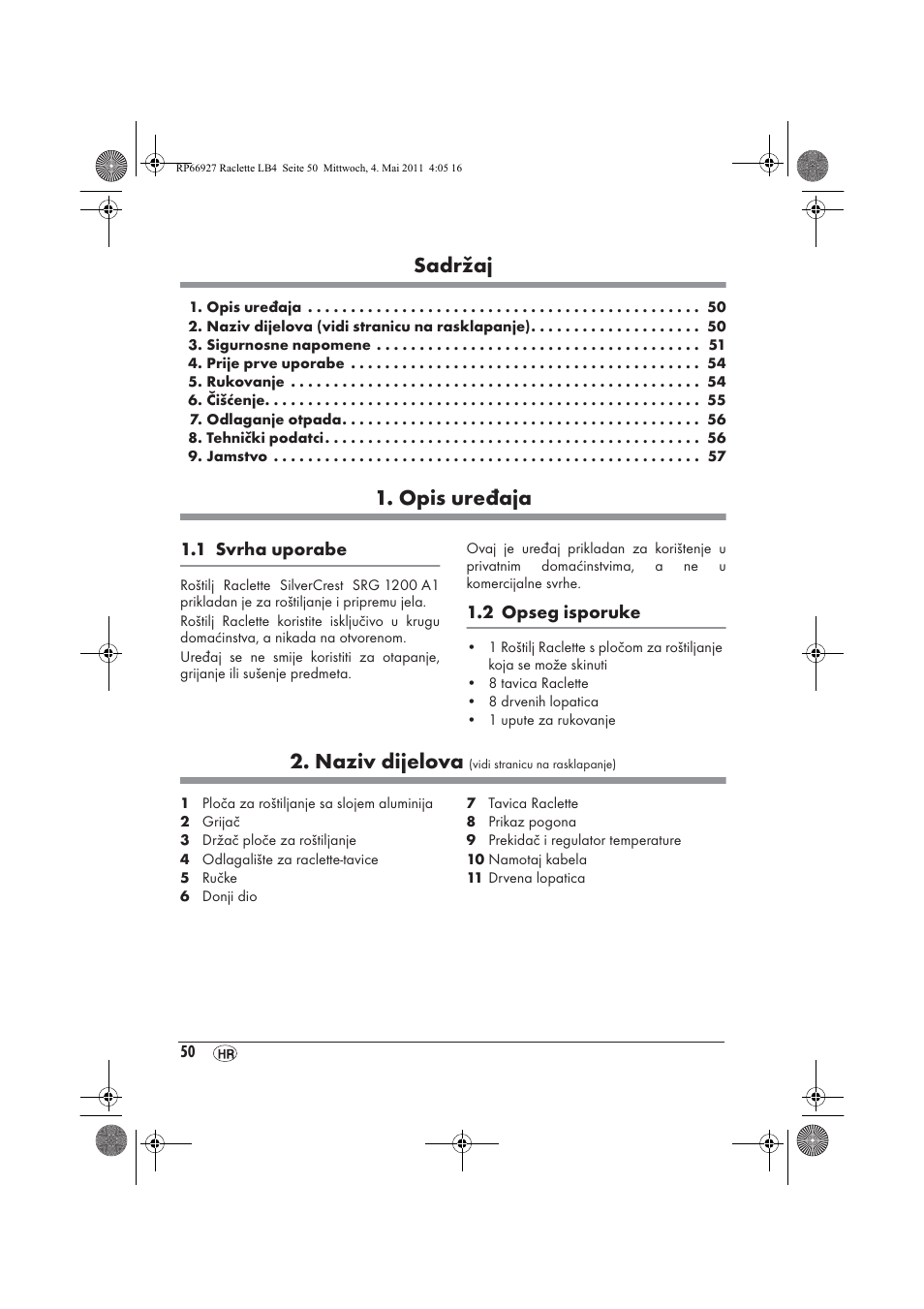 Sadržaj, Opis uređaja, Naziv dijelova | Silvercrest SRG1200A1 User Manual | Page 52 / 70