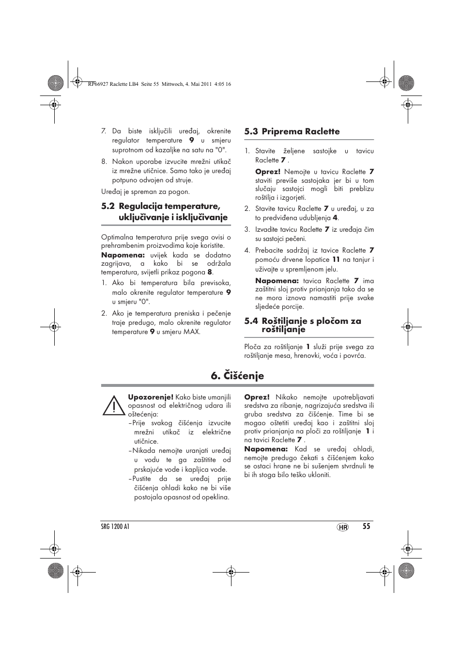 Čišćenje | Silvercrest SRG1200A1 User Manual | Page 57 / 70