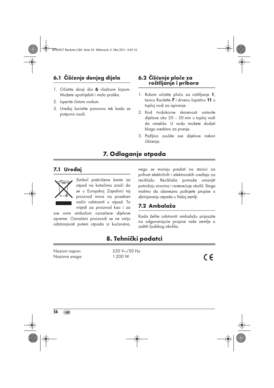 Odlaganje otpada, Tehnički podatci | Silvercrest SRG1200A1 User Manual | Page 58 / 70