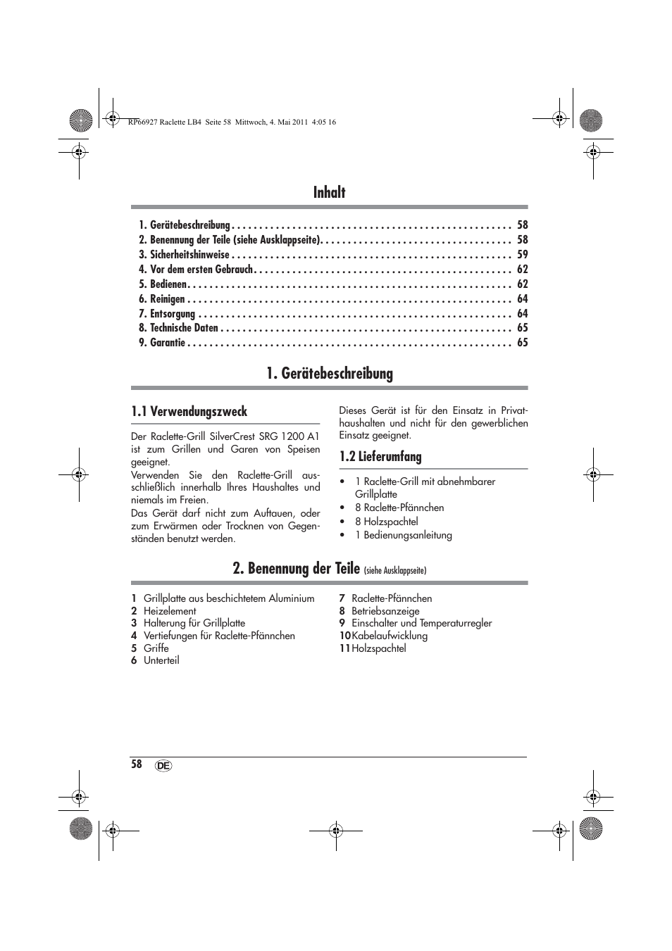 Inhalt, Gerätebeschreibung, Benennung der teile | 1 verwendungszweck, 2 lieferumfang | Silvercrest SRG1200A1 User Manual | Page 60 / 70