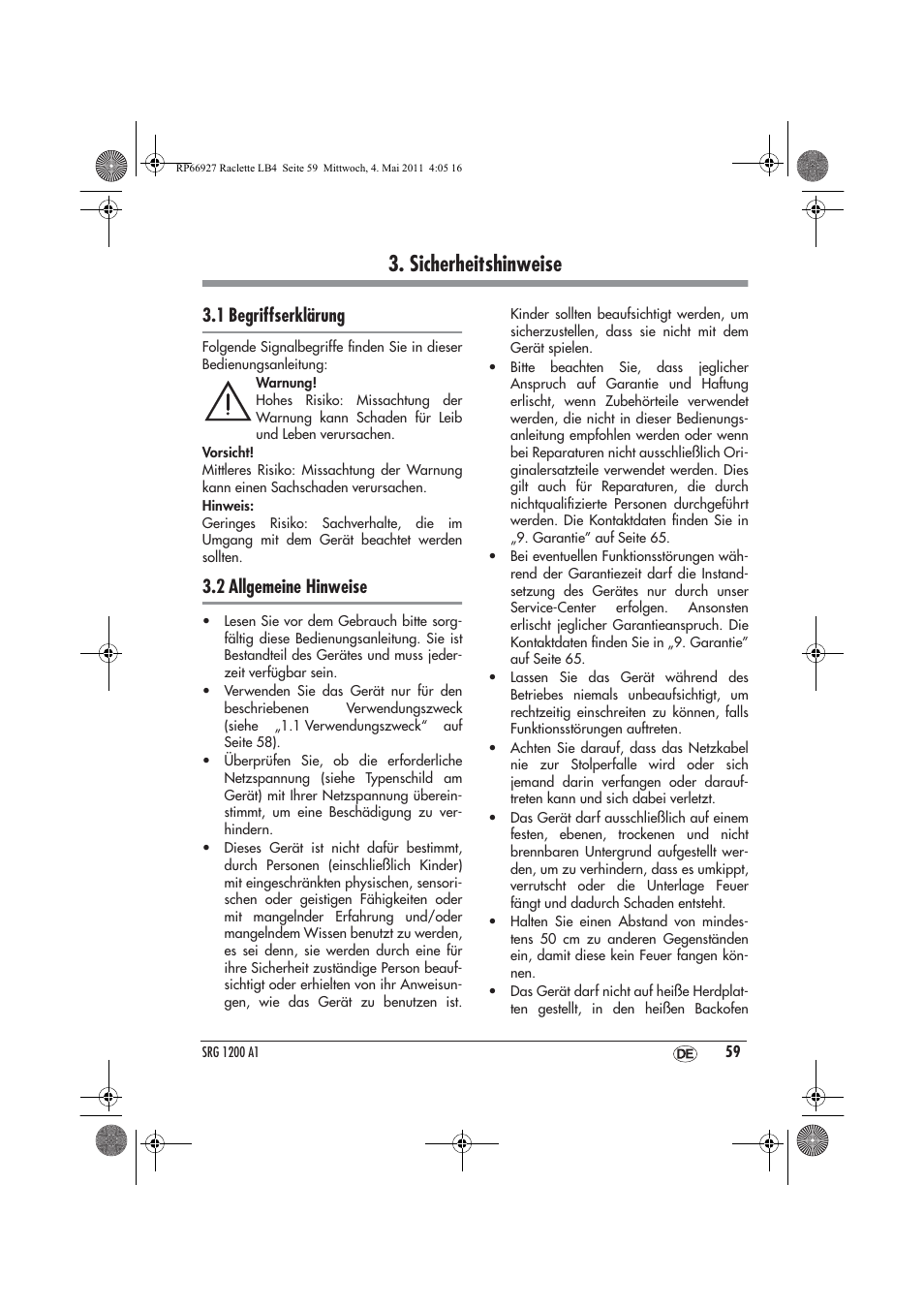 Sicherheitshinweise, 1 begriffserklärung, 2 allgemeine hinweise | Silvercrest SRG1200A1 User Manual | Page 61 / 70