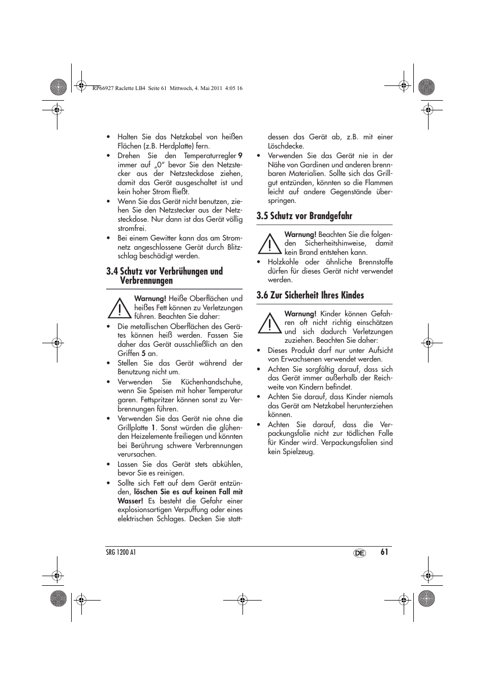 4 schutz vor verbrühungen und verbrennungen, 5 schutz vor brandgefahr, 6 zur sicherheit ihres kindes | Silvercrest SRG1200A1 User Manual | Page 63 / 70