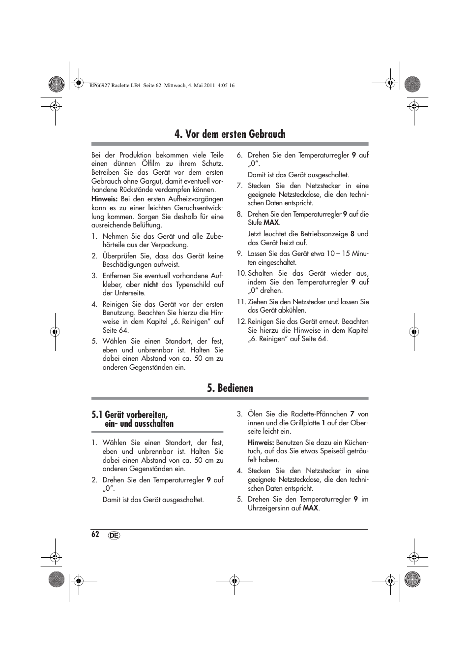 Vor dem ersten gebrauch, Bedienen, 1 gerät vorbereiten, ein- und ausschalten | Silvercrest SRG1200A1 User Manual | Page 64 / 70