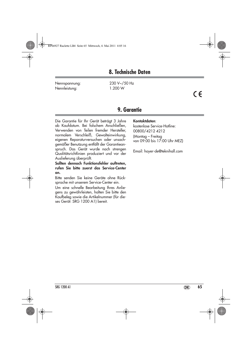 Technische daten, Garantie | Silvercrest SRG1200A1 User Manual | Page 67 / 70