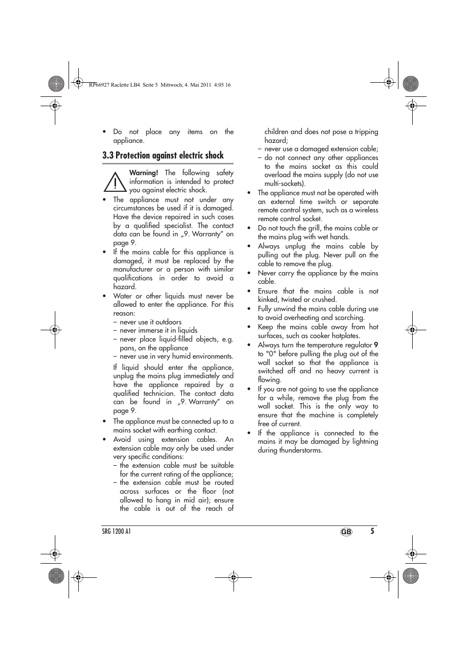 3 protection against electric shock | Silvercrest SRG1200A1 User Manual | Page 7 / 70