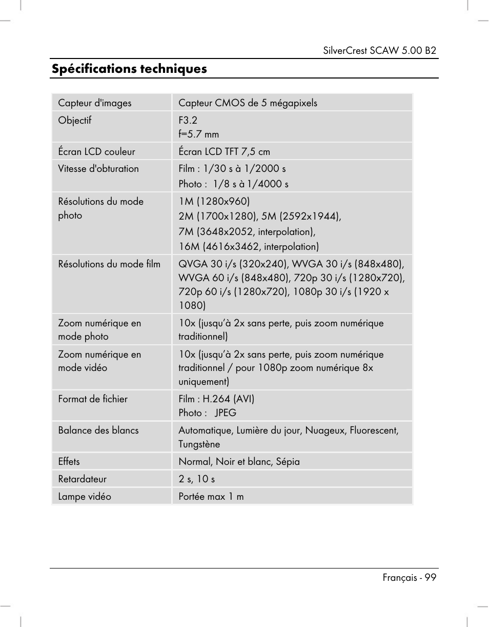 Spécifications techniques | Silvercrest SCAW 5.00 B2 User Manual | Page 101 / 364