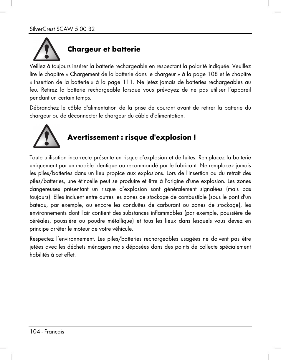 Chargeur et batterie, Avertissement : risque d'explosion | Silvercrest SCAW 5.00 B2 User Manual | Page 106 / 364