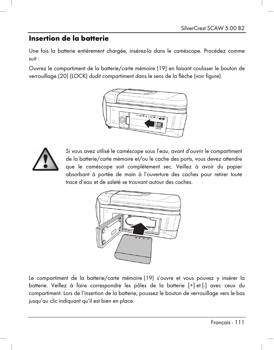 Insertion de la batterie | Silvercrest SCAW 5.00 B2 User Manual | Page 113 / 364
