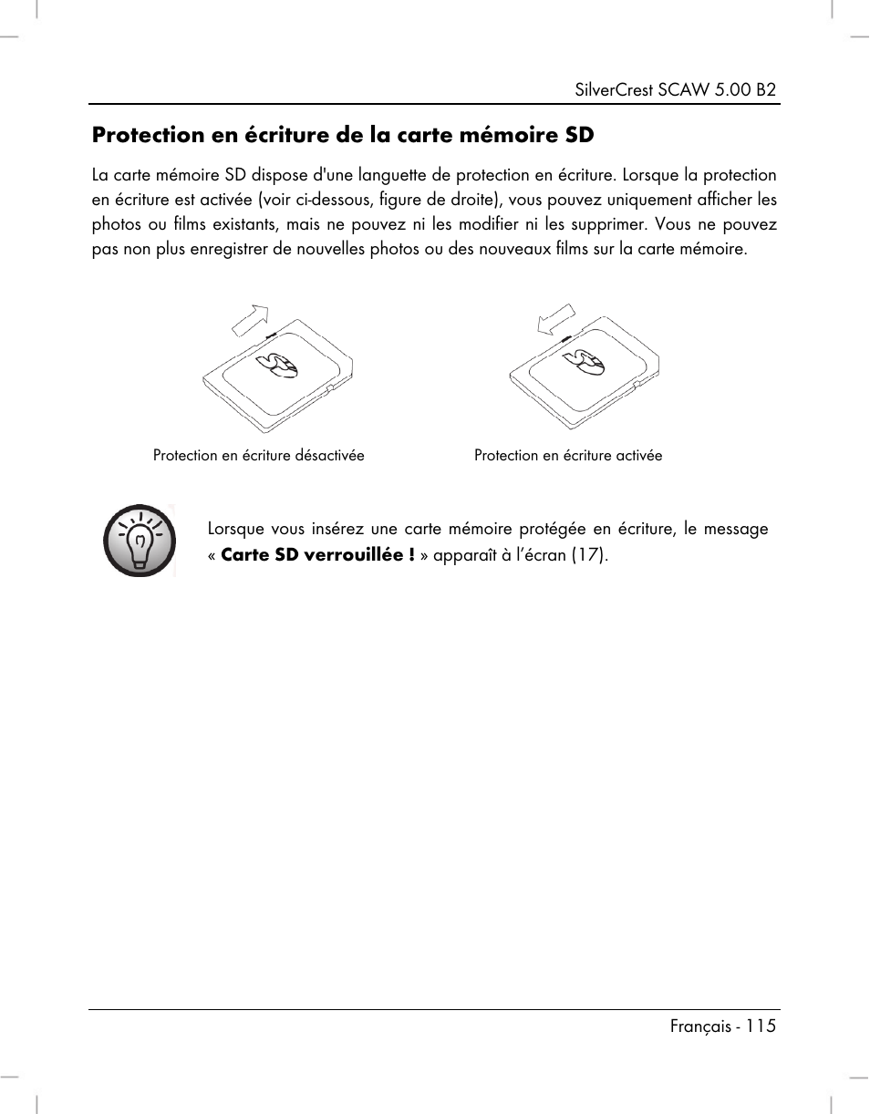 Protection en écriture de la carte mémoire sd | Silvercrest SCAW 5.00 B2 User Manual | Page 117 / 364