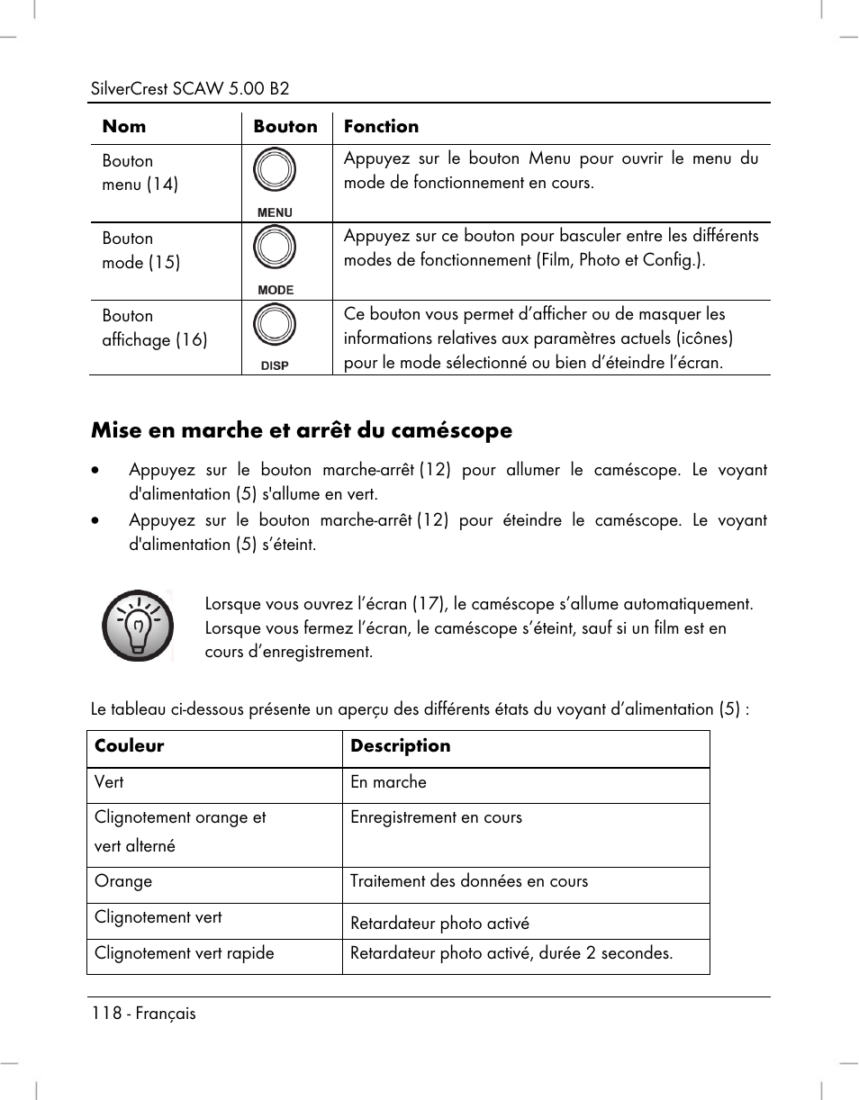 Mise en marche et arrêt du caméscope | Silvercrest SCAW 5.00 B2 User Manual | Page 120 / 364