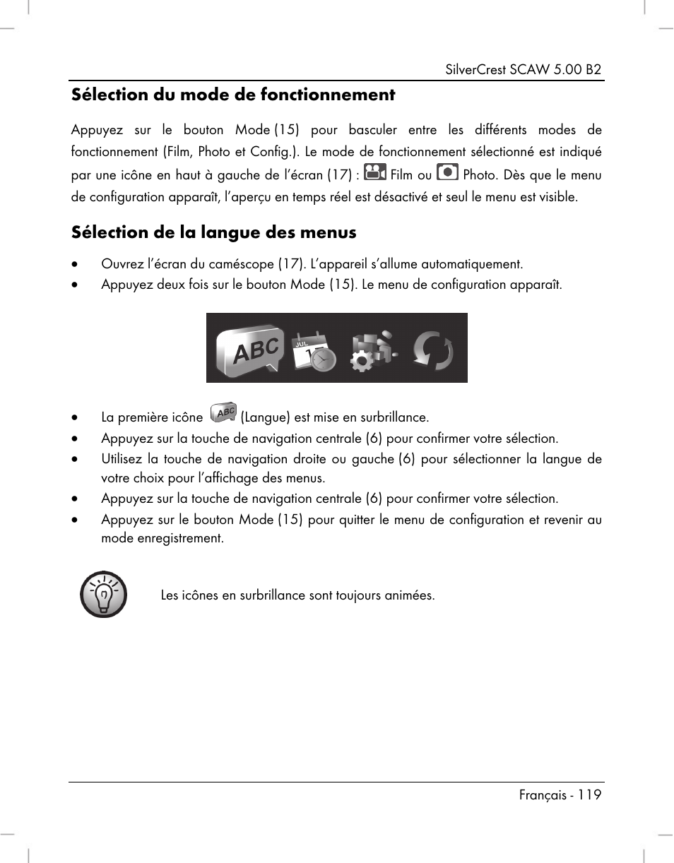 Sélection du mode de fonctionnement, Sélection de la langue des menus | Silvercrest SCAW 5.00 B2 User Manual | Page 121 / 364