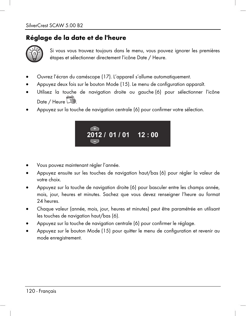 Réglage de la date et de l'heure | Silvercrest SCAW 5.00 B2 User Manual | Page 122 / 364