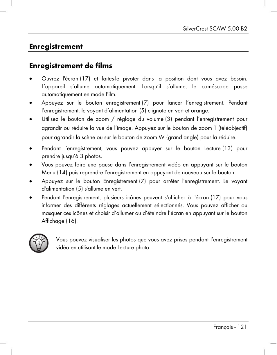 Enregistrement enregistrement de films | Silvercrest SCAW 5.00 B2 User Manual | Page 123 / 364