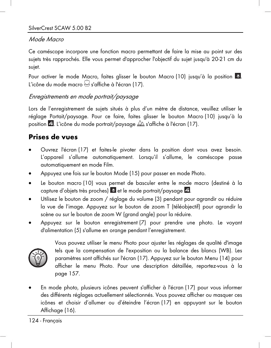 Prises de vues, Mode macro, Enregistrements en mode portrait/paysage | Silvercrest SCAW 5.00 B2 User Manual | Page 126 / 364