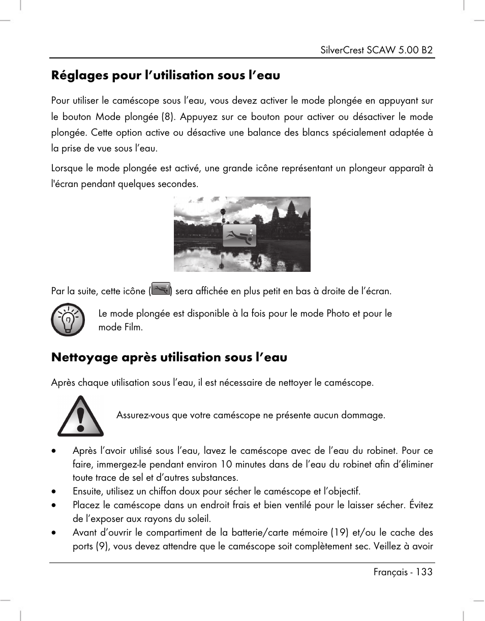 Réglages pour l’utilisation sous l’eau, Nettoyage après utilisation sous l’eau | Silvercrest SCAW 5.00 B2 User Manual | Page 135 / 364