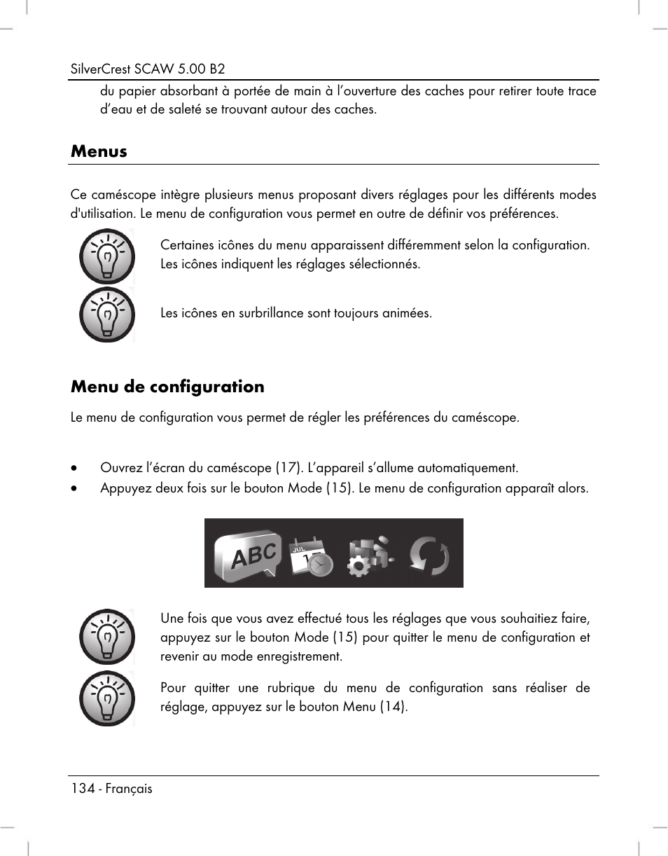 Menus, Menu de configuration | Silvercrest SCAW 5.00 B2 User Manual | Page 136 / 364