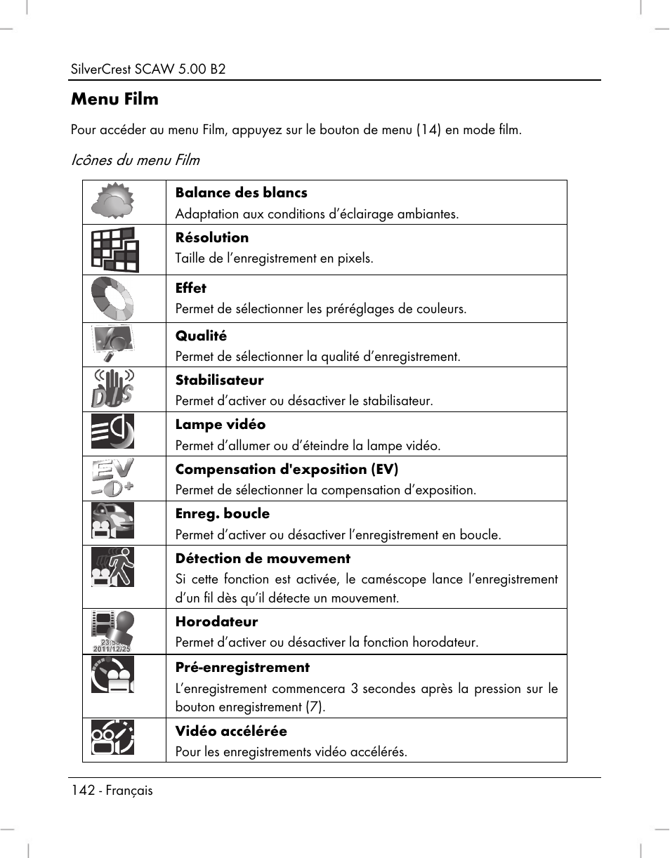 Menu film, Icônes du menu film | Silvercrest SCAW 5.00 B2 User Manual | Page 144 / 364