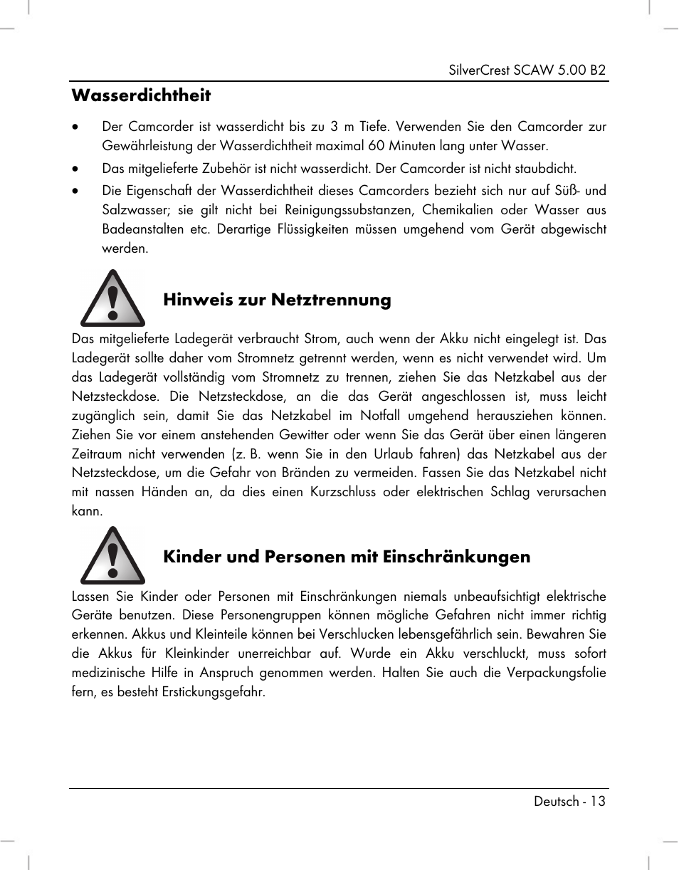 Wasserdichtheit, Hinweis zur netztrennung, Kinder und personen mit einschränkungen | Silvercrest SCAW 5.00 B2 User Manual | Page 15 / 364