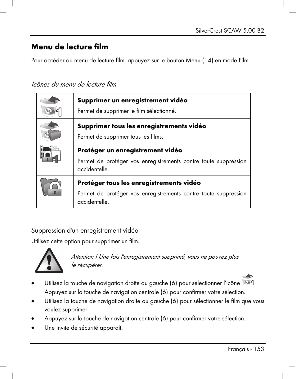 Menu de lecture film, Icônes du menu de lecture film | Silvercrest SCAW 5.00 B2 User Manual | Page 155 / 364