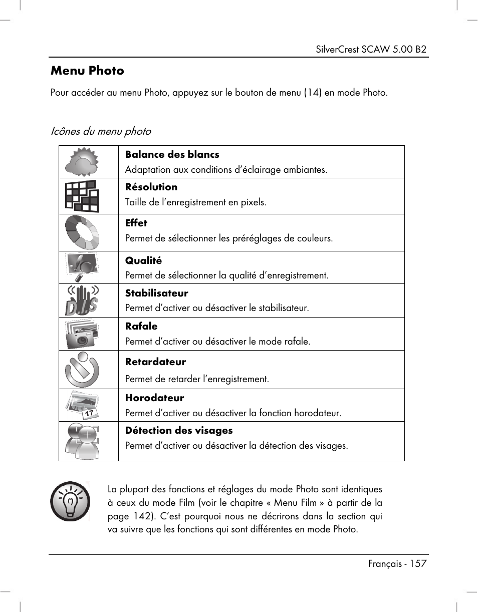 Menu photo, Icônes du menu photo | Silvercrest SCAW 5.00 B2 User Manual | Page 159 / 364