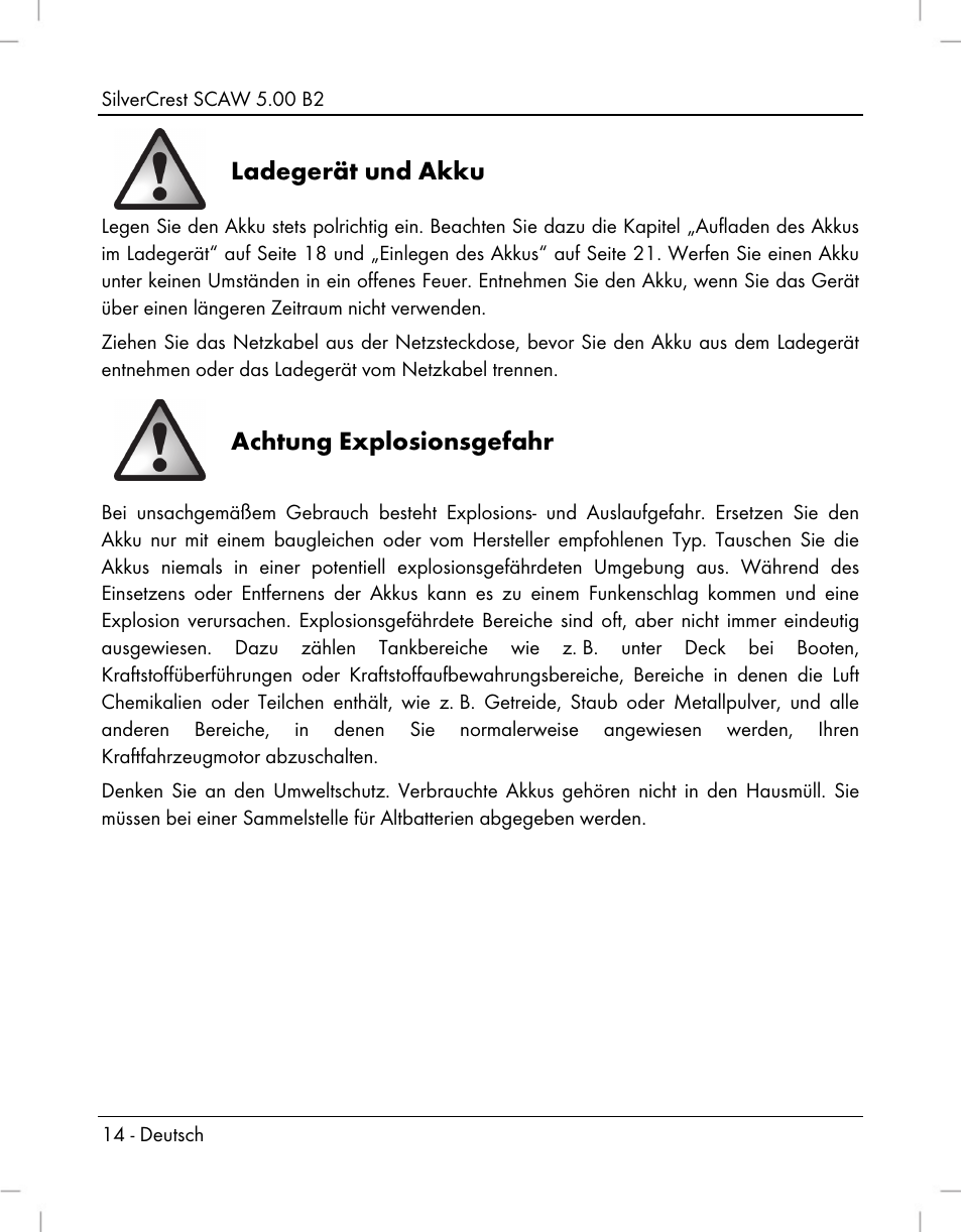 Ladegerät und akku, Achtung explosionsgefahr | Silvercrest SCAW 5.00 B2 User Manual | Page 16 / 364