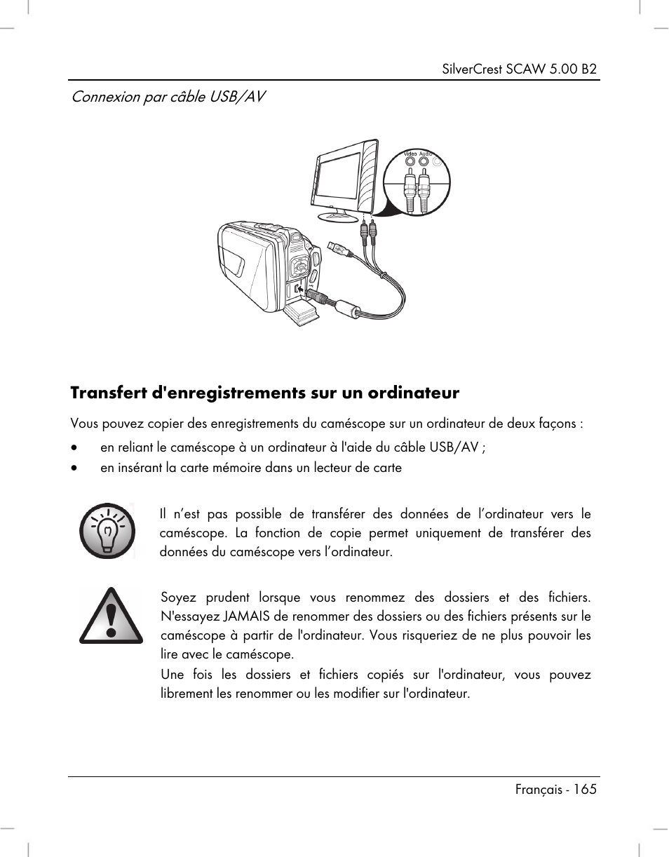 Transfert d'enregistrements sur un ordinateur, Connexion par câble usb/av | Silvercrest SCAW 5.00 B2 User Manual | Page 167 / 364