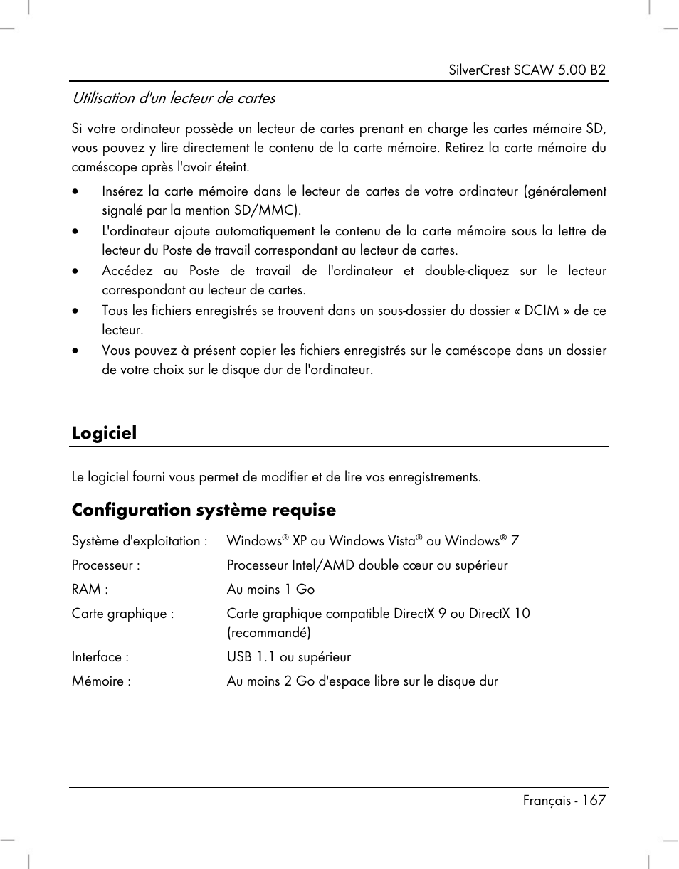 Logiciel, Configuration système requise, Utilisation d'un lecteur de cartes | Silvercrest SCAW 5.00 B2 User Manual | Page 169 / 364