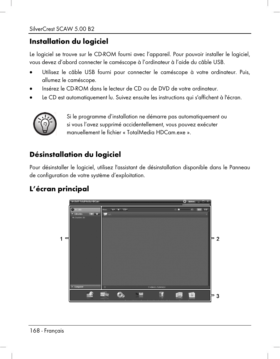 Installation du logiciel, Désinstallation du logiciel, L’écran principal | Silvercrest SCAW 5.00 B2 User Manual | Page 170 / 364